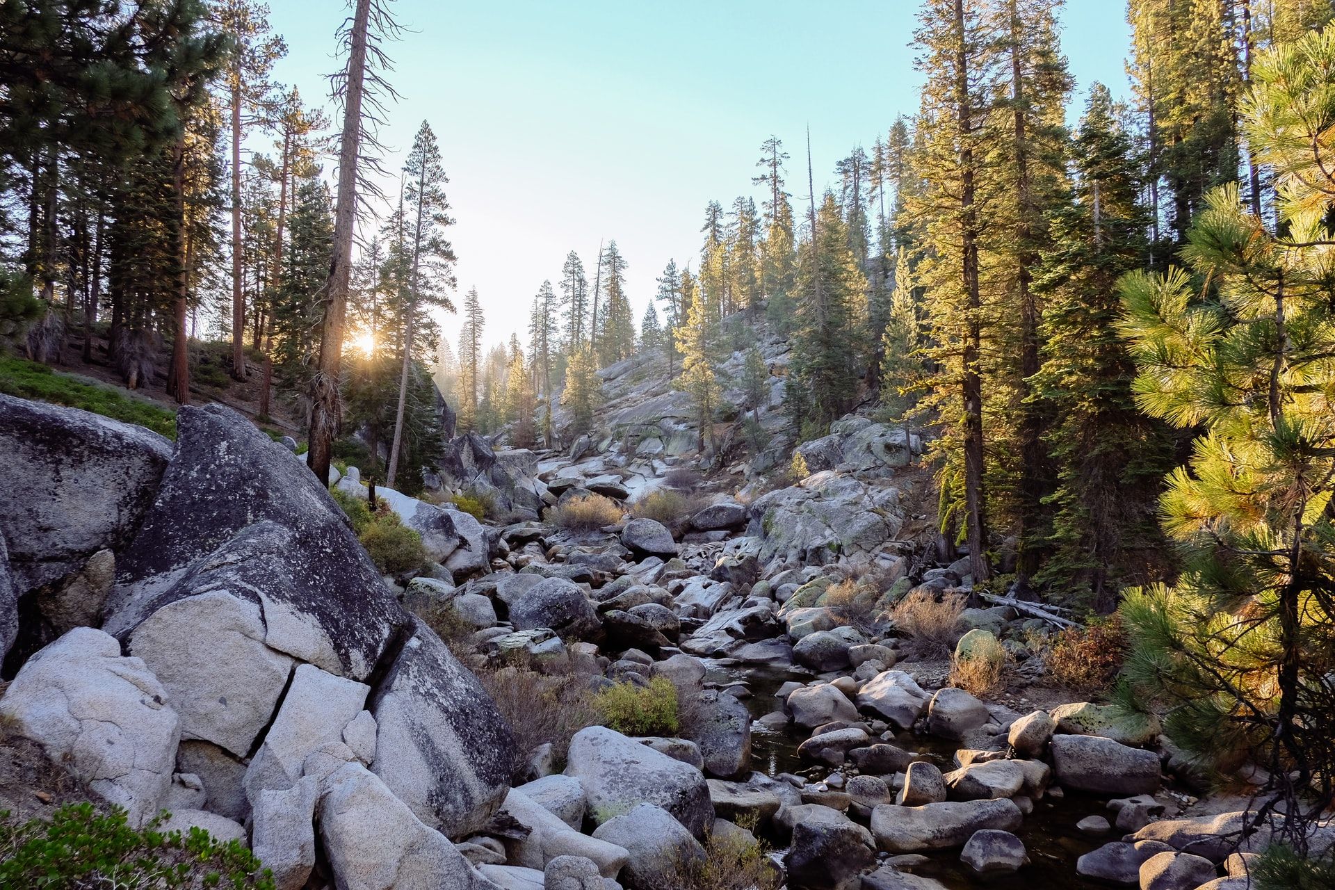 Dry river bed in the mountains, full of bolders