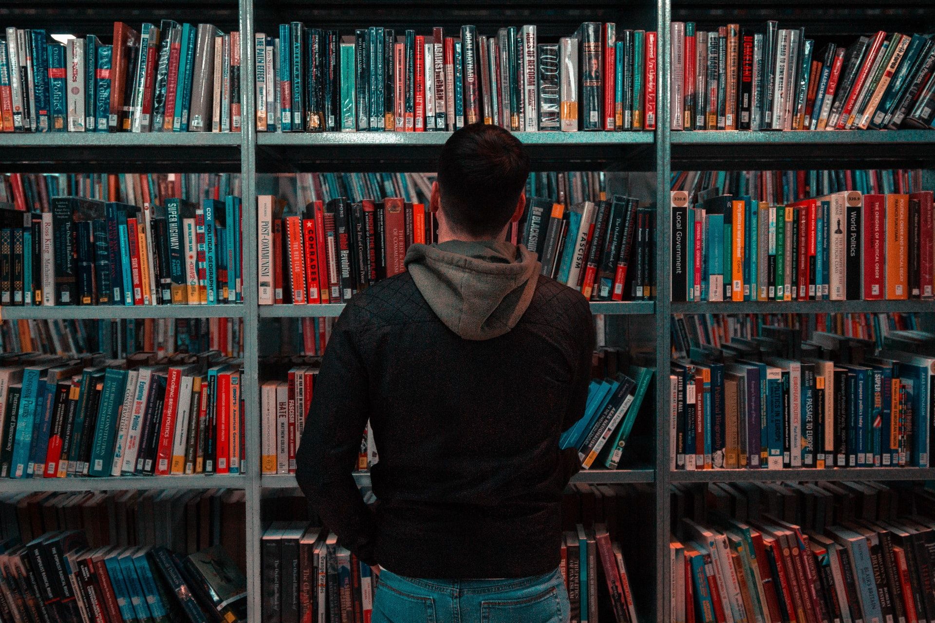 A person looking at a shelf of books in a library